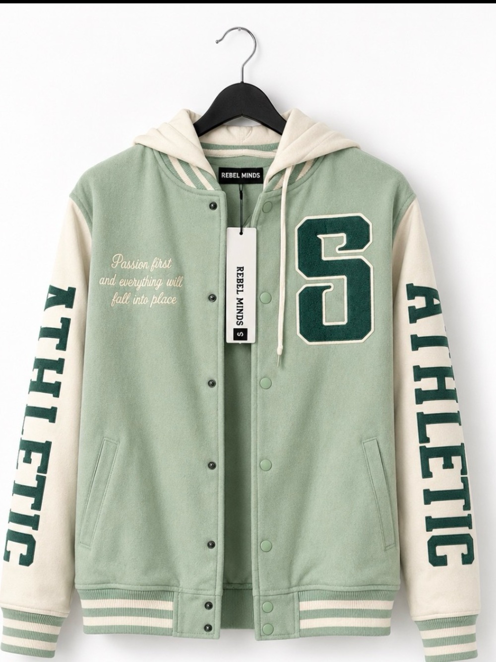 NWT Green & Cream Athletic Letterman Hoodie Jacket